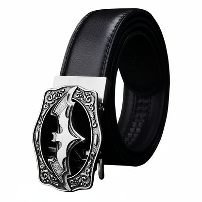Black belt with a silver decorative buckle on a white background
