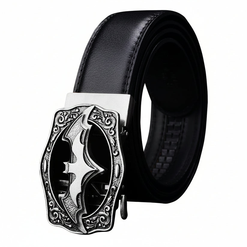 Black belt with a silver decorative buckle on a white background