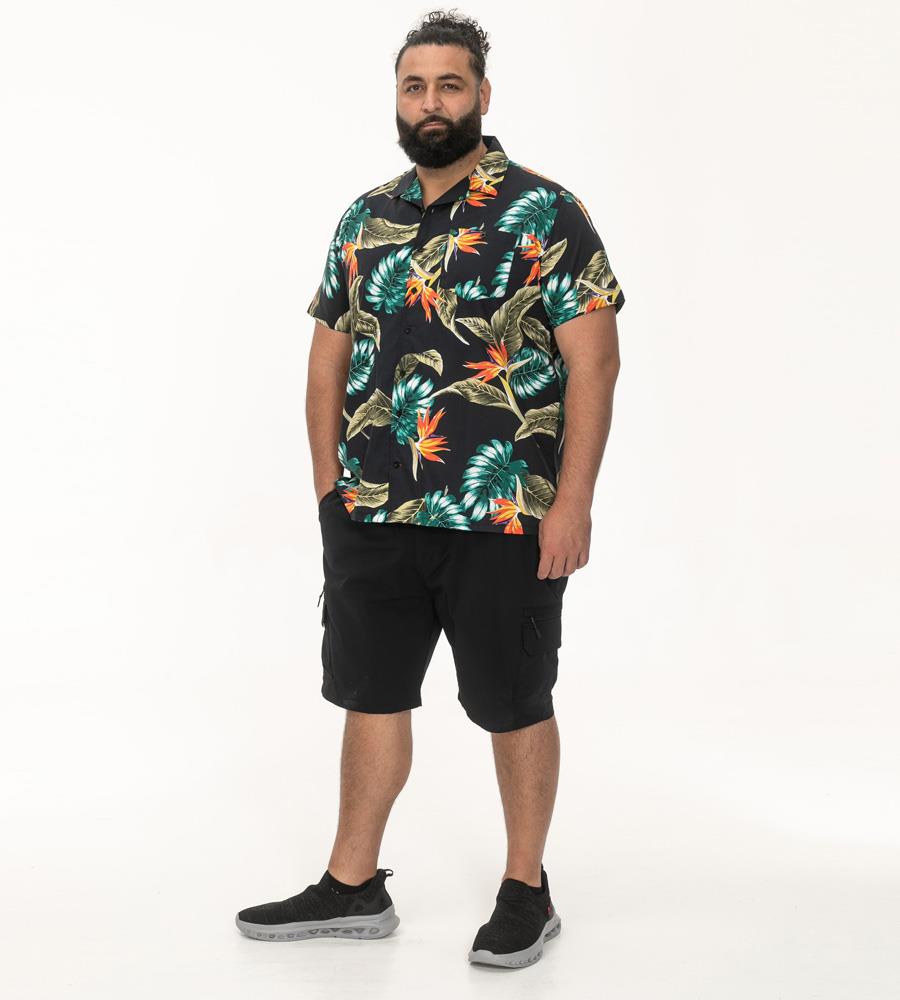 D555 SELBY Black Hawaiian Print Short Sleeve Shirt For Men in Black, 2XL-8XL