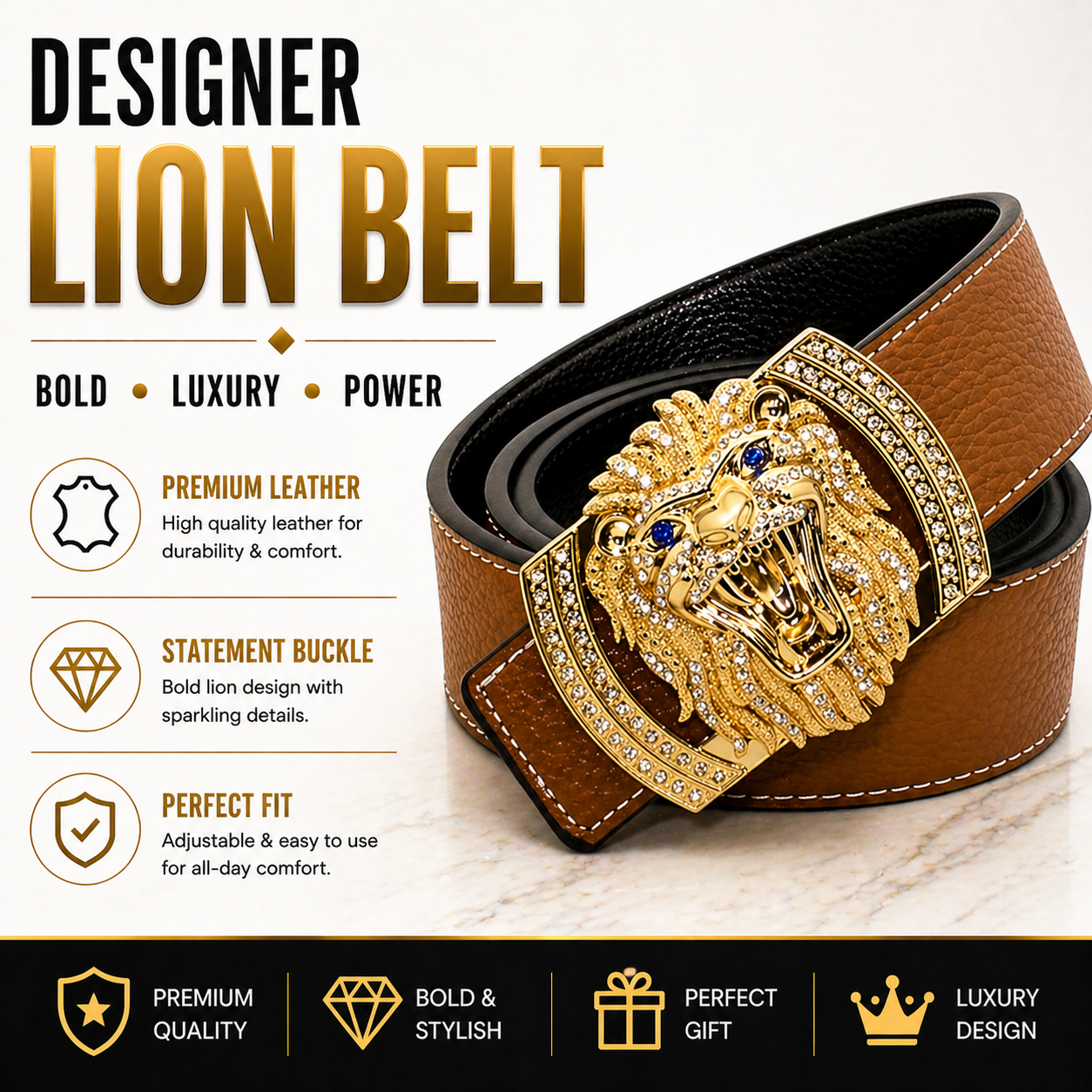 Mens Genuine Leather Belt Lion Buckle Designer Belt 38mm Luxury Waist Belt Q3-01