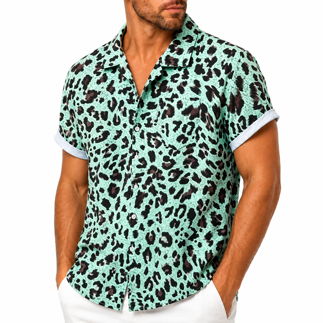 Mens 3D Leopard Print Short Sleeve Casual Summer Beach Shirt Polyester S-2XL UK