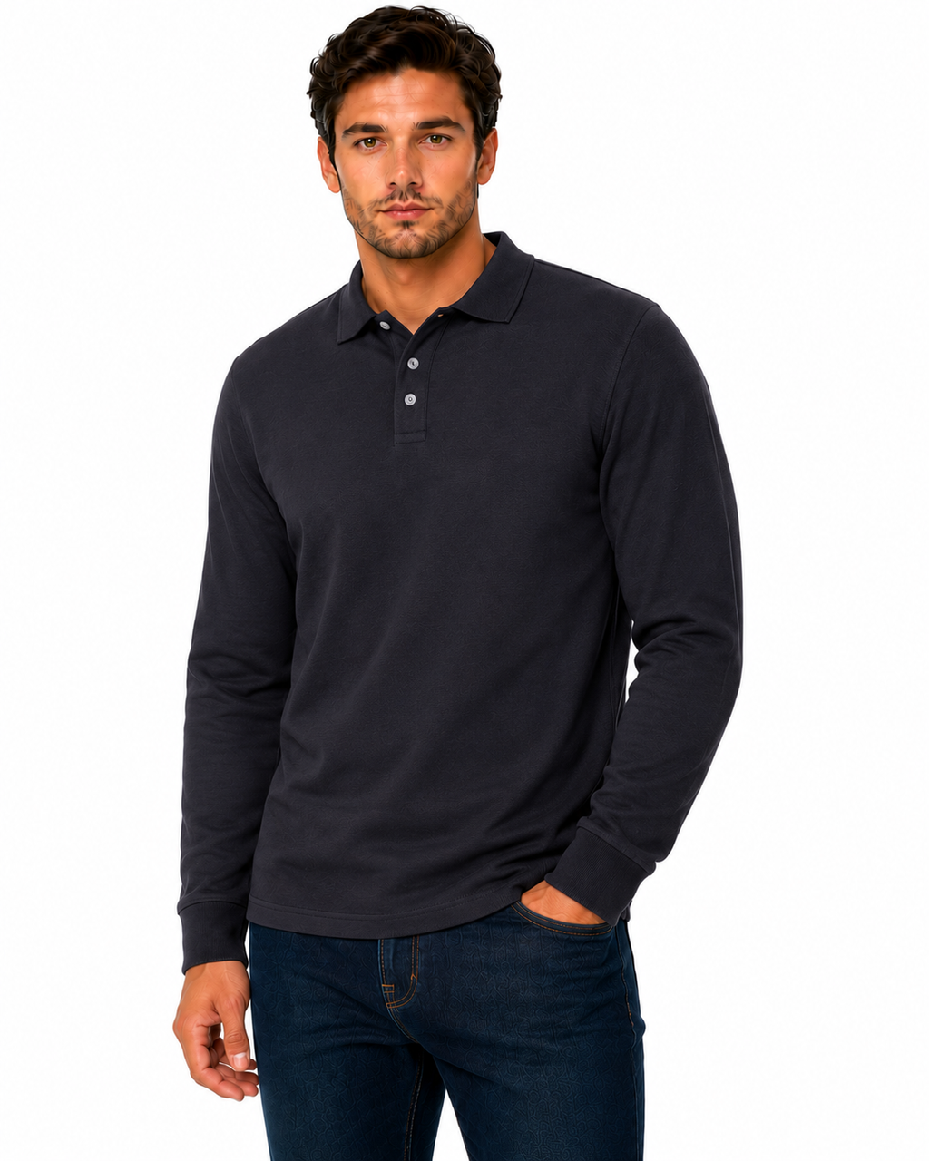 Everett Wales Mens Cotton Pique Long Sleeve Polo Shirt Casual Regular Fit