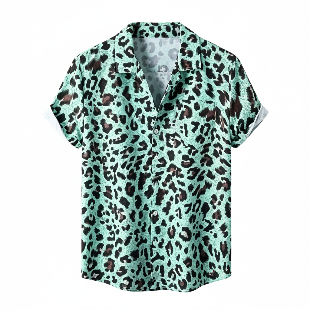 Mens 3D Leopard Print Short Sleeve Casual Summer Beach Shirt Polyester S-2XL UK