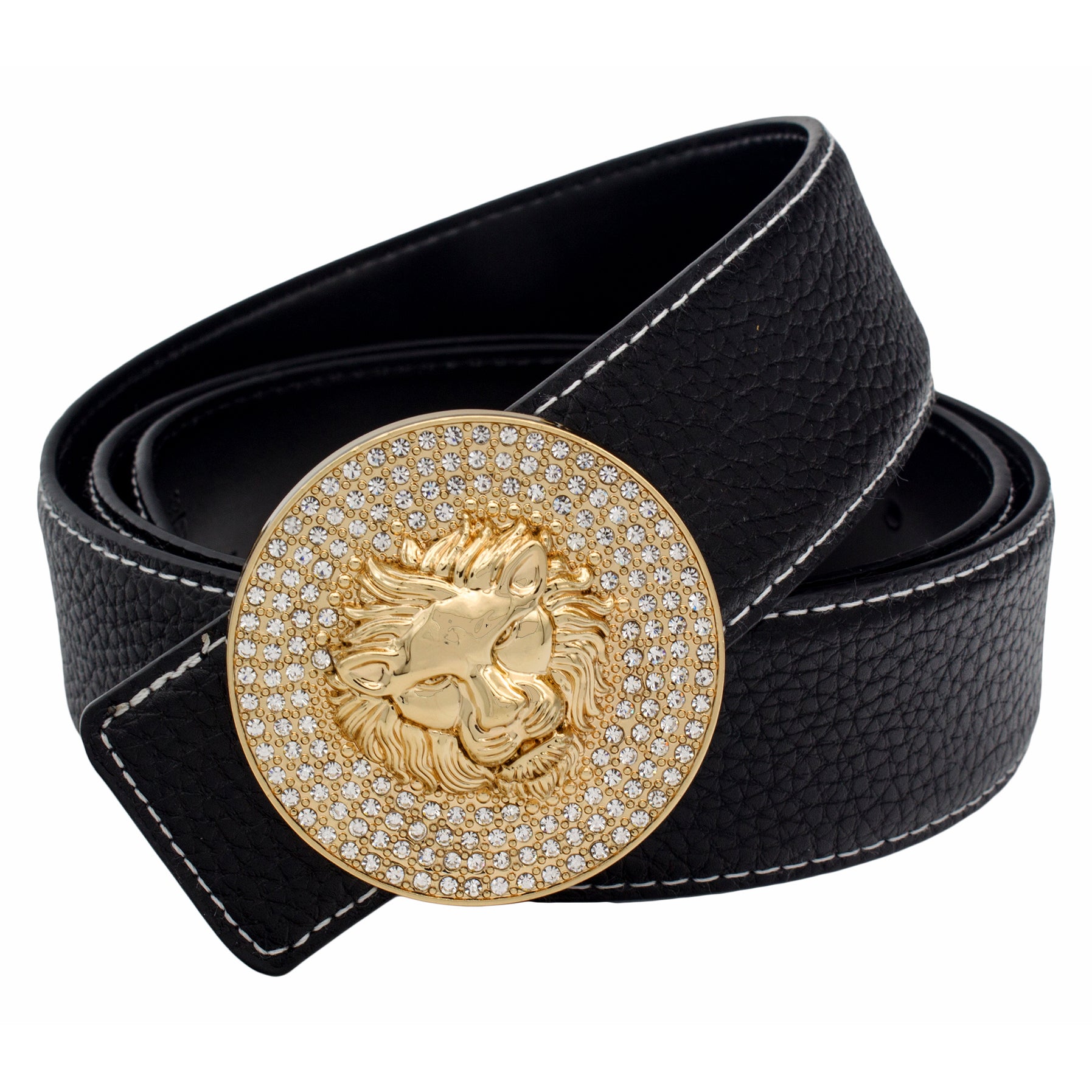 QHA Mens 38mm Leather Belt, Lion Head Rhinestone Buckle, Black Q22