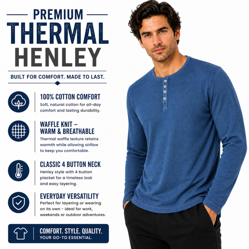Henley Mens Thermal Waffle T-Shirt Long Sleeve Cotton Top S-4XL - QHA UK