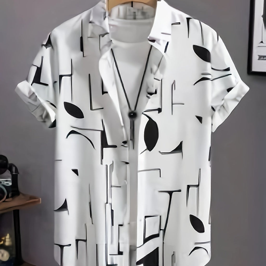 New Men's Casual Abstract Geometric Print, Button-Up Collar, Machine Washable Summer Shirt