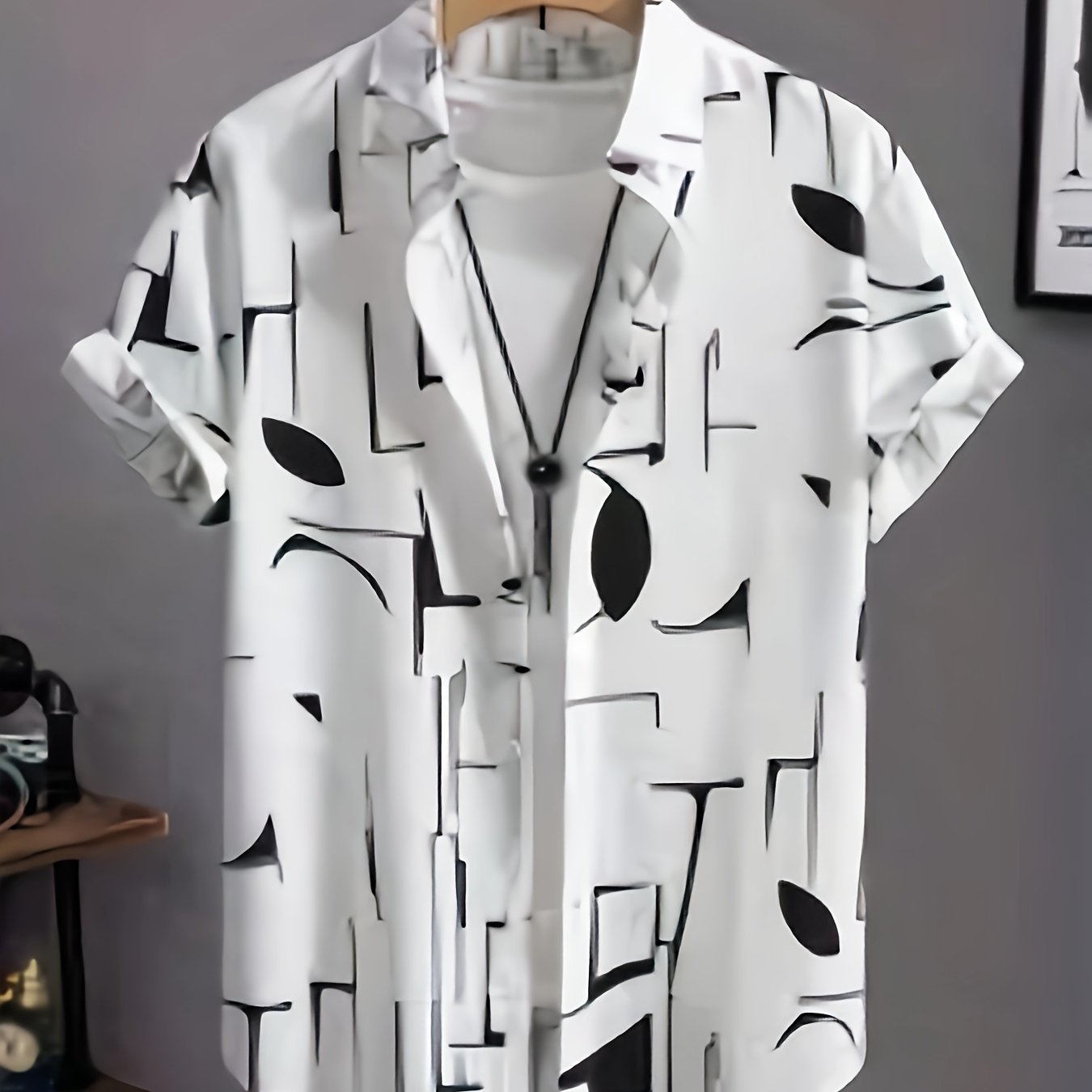New Men's Casual Abstract Geometric Print, Button-Up Collar, Machine Washable Summer Shirt