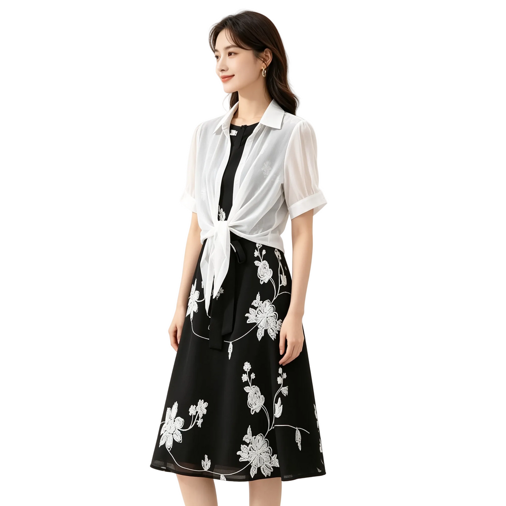 Woman wearing a black floral dress with a white blouse on a white background