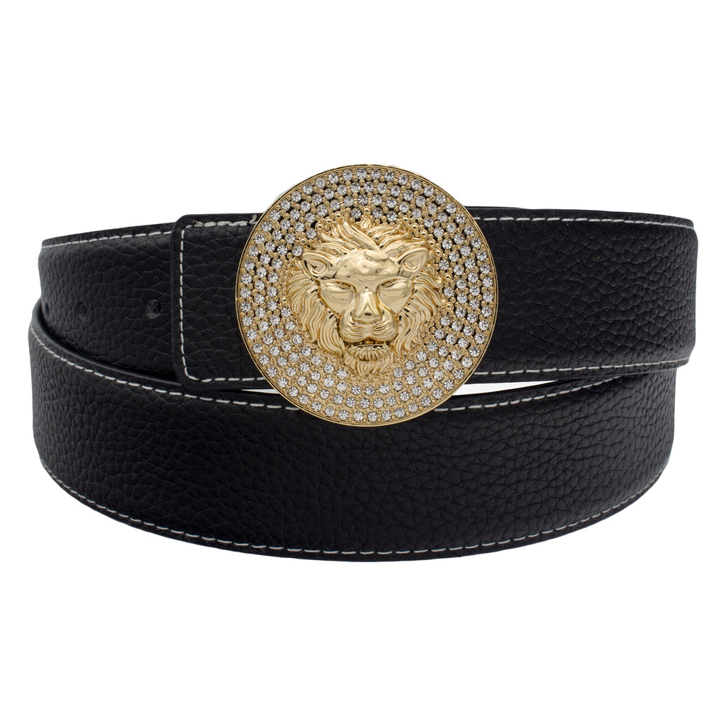 QHA Mens 38mm Leather Belt, Lion Head Rhinestone Buckle, Black Q22