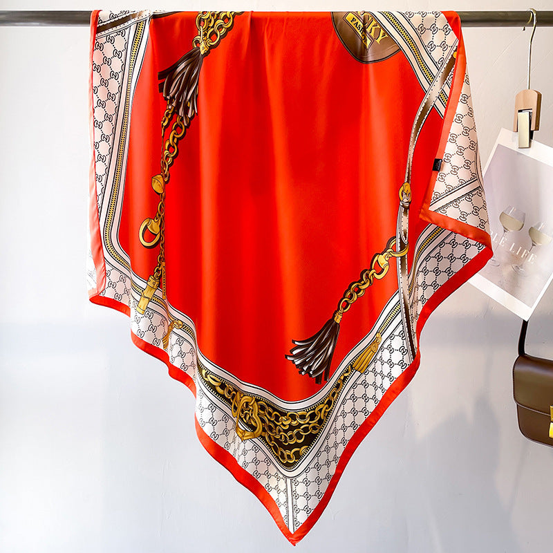 Women's Premium Twill Silk Scarf, Large Printed 90/90cm Striped Square Scarf