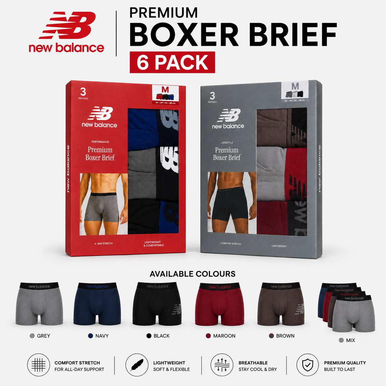 New Balance Mens Premium Stretch Boxer Briefs Trunks Underwear S-XL 3-12 Pack - QHA UK