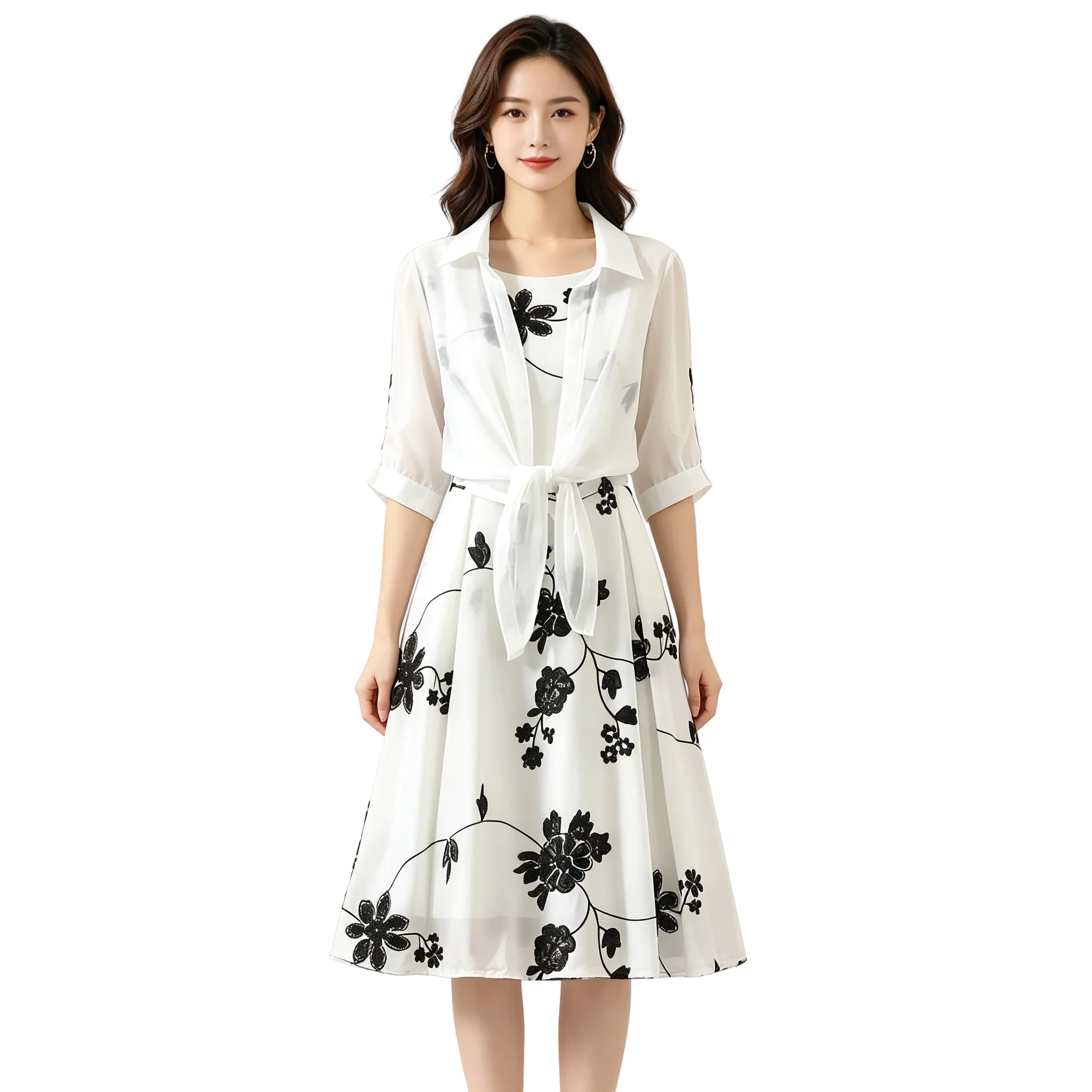 Woman wearing a white dress with black floral patterns on a white background