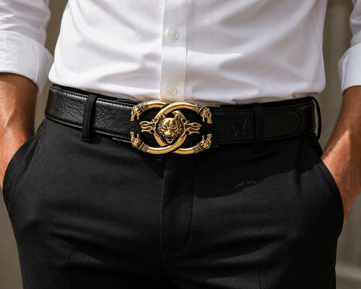 QHA Men's 35mm Leather Ratchet Belt 3D Wolf Buckle Q19
