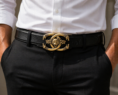 QHA Men's 35mm Leather Ratchet Belt 3D Wolf Buckle Q19