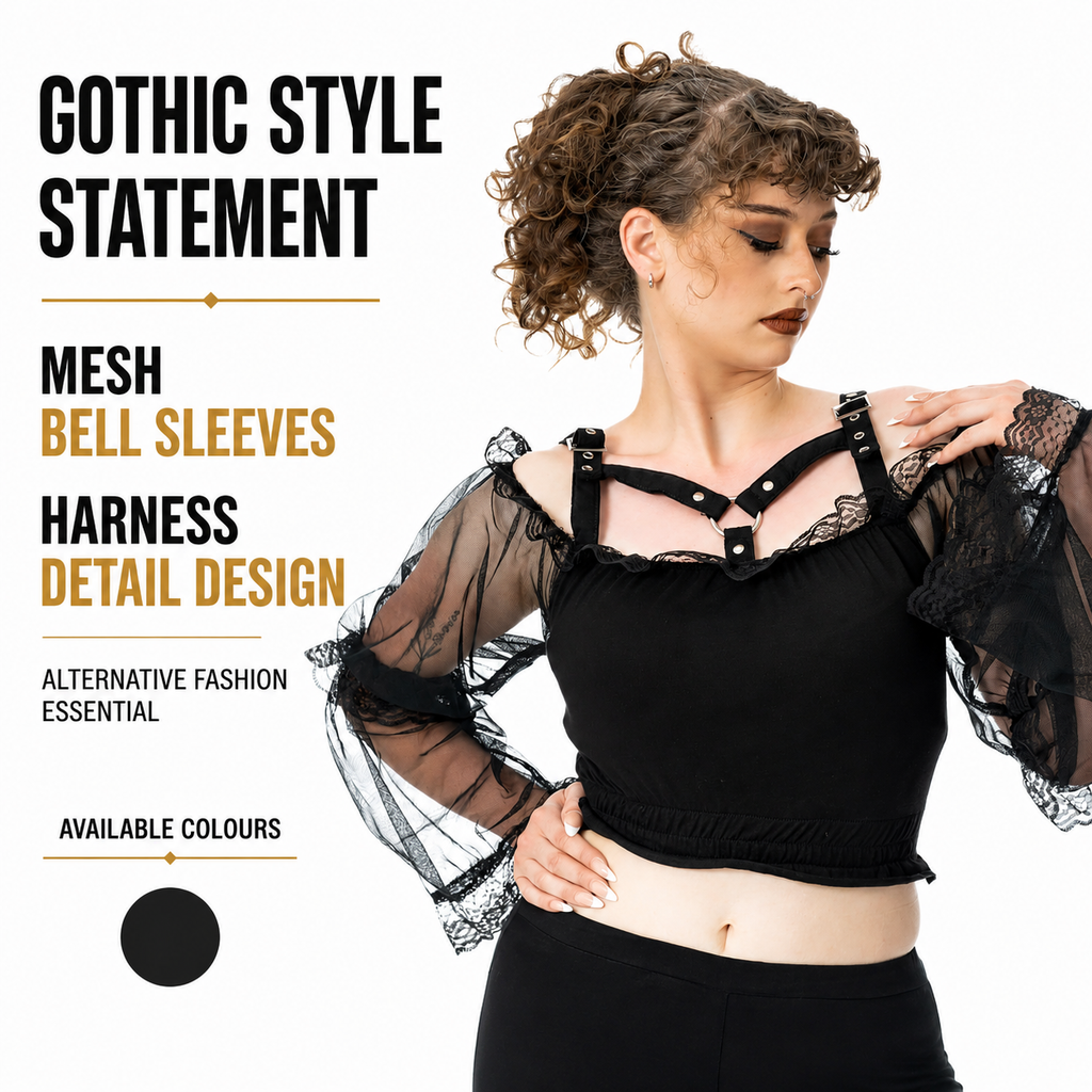 Poizen Industries Womens Shadowfang Gothic Crop Top Black Mesh Sleeves