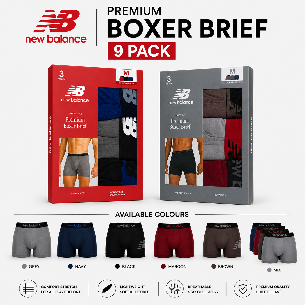 New Balance Mens Premium Stretch Boxer Briefs Trunks Underwear S-XL 3-12 Pack - QHA UK