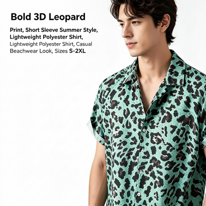 Mens 3D Leopard Print Short Sleeve Casual Summer Beach Shirt Polyester S-2XL UK