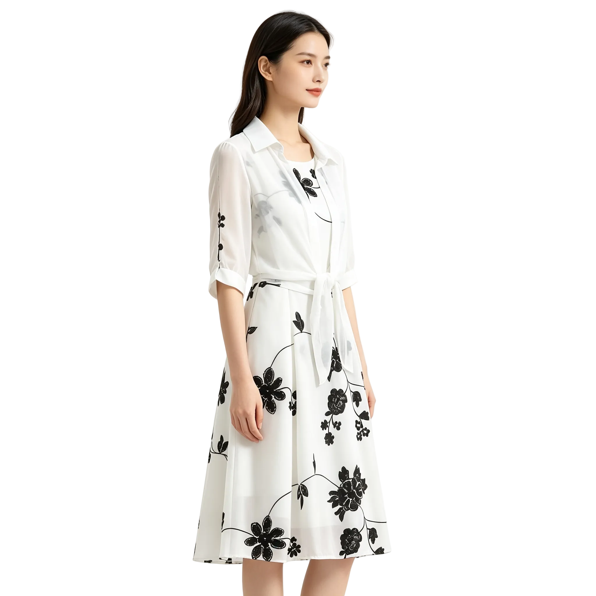 Woman wearing a white dress with black floral patterns on a white background