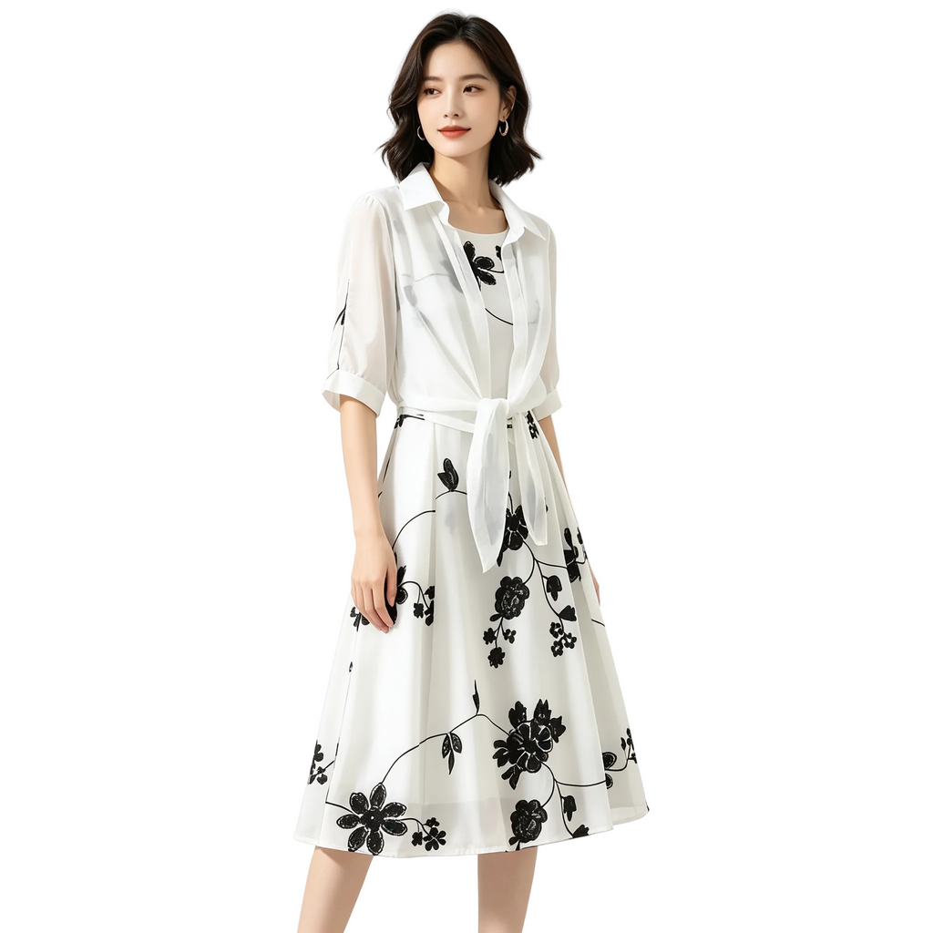Woman wearing a white dress with black floral patterns on a white background