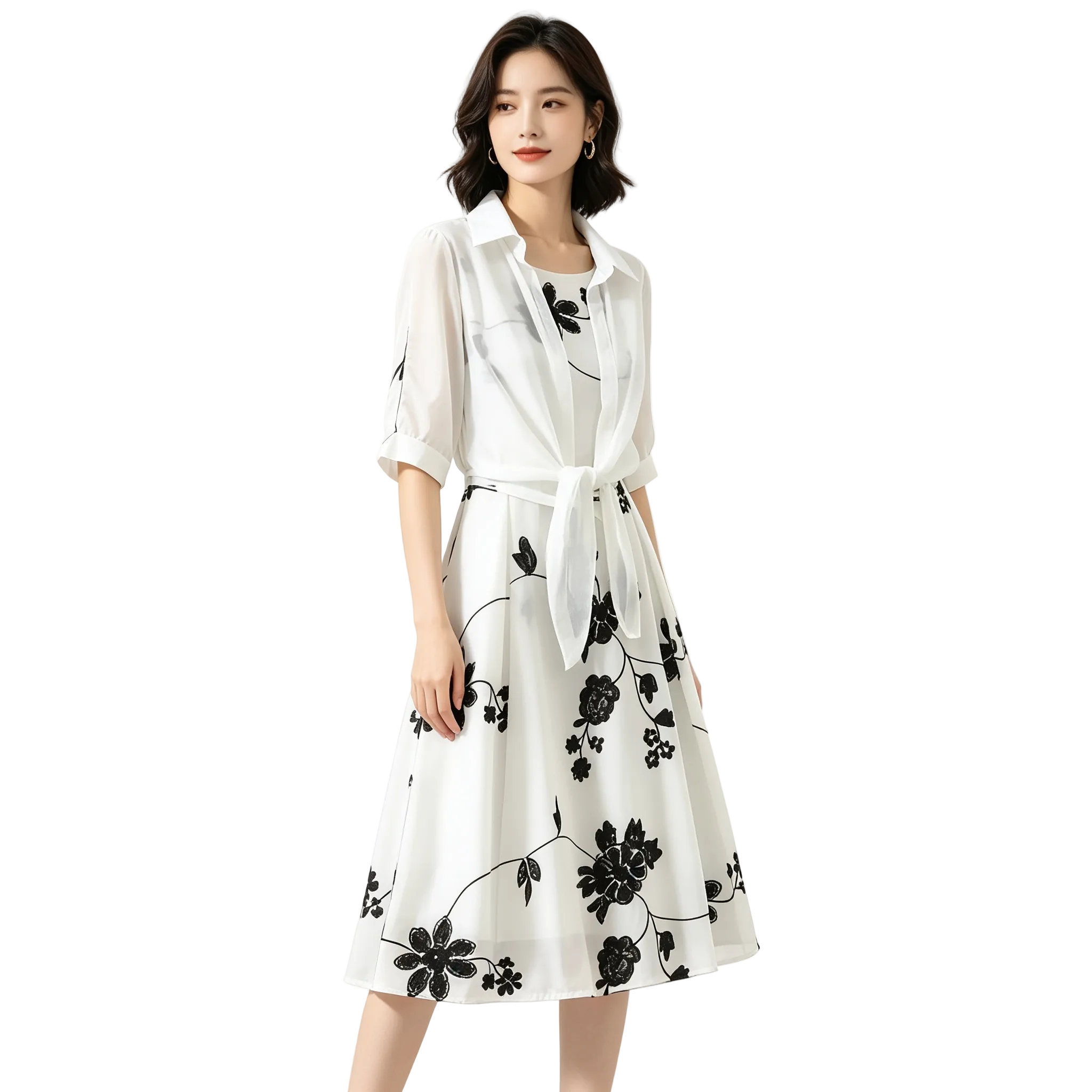 Woman wearing a white dress with black floral patterns on a white background