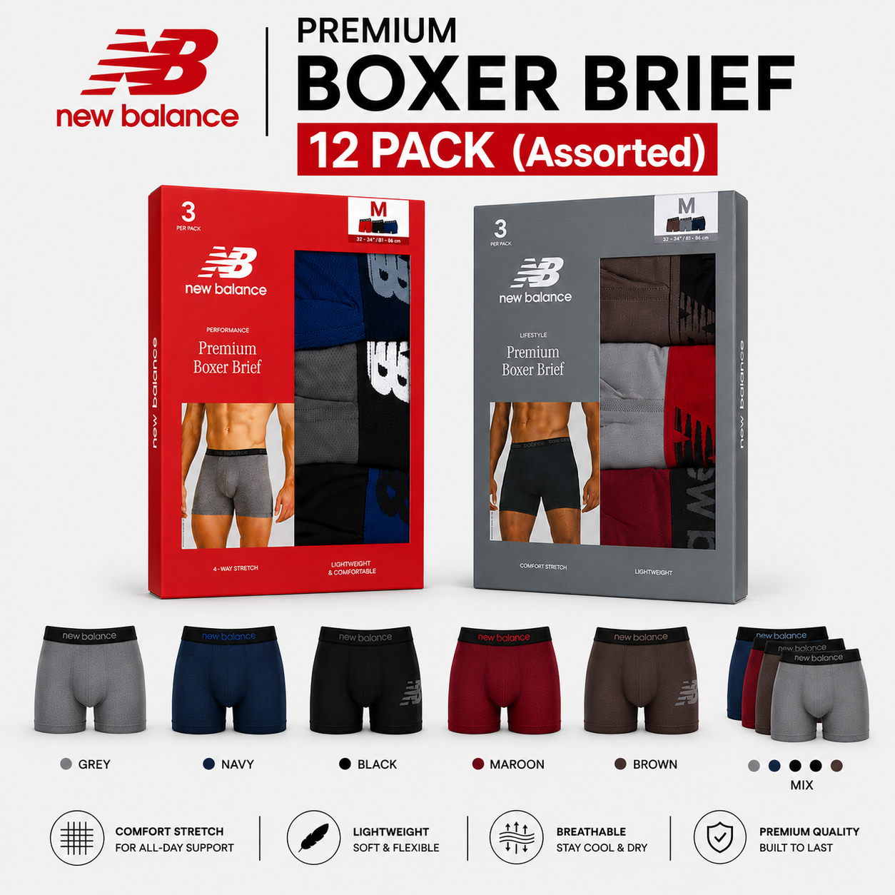 New Balance Mens Premium Stretch Boxer Briefs Trunks Underwear S-XL 3-12 Pack - QHA UK