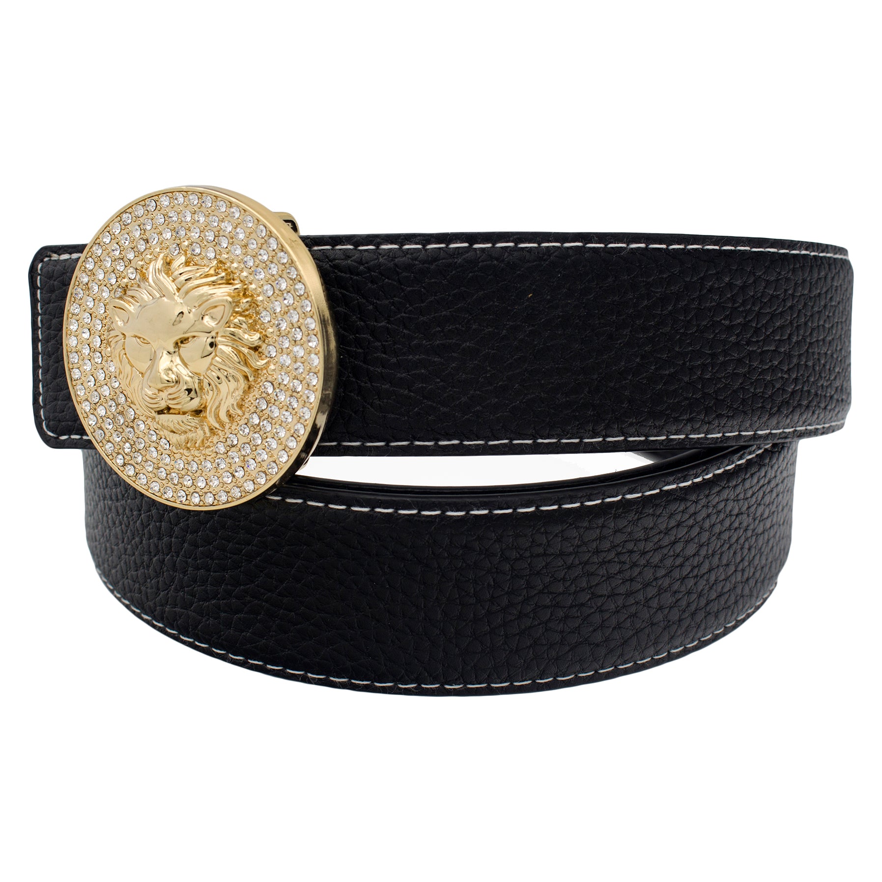 QHA Mens 38mm Leather Belt, Lion Head Rhinestone Buckle, Black Q22