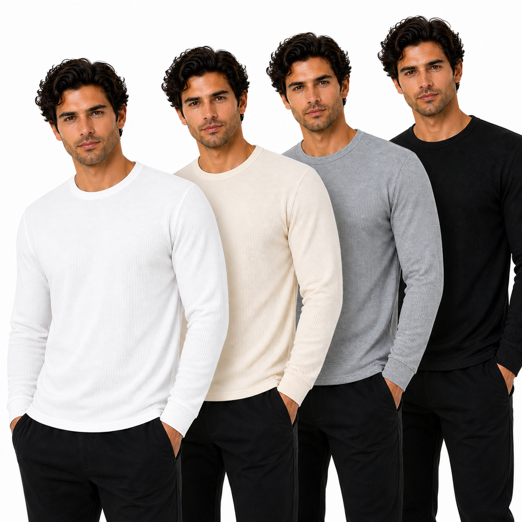 ONE Mens Waffle Knit Long Sleeve T-Shirt Cotton Crew Neck Casual Top