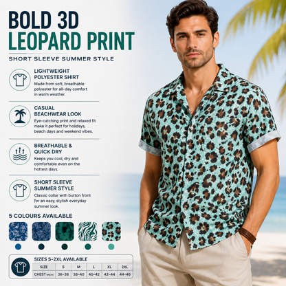 Mens 3D Leopard Print Short Sleeve Casual Summer Beach Shirt Polyester S-2XL UK