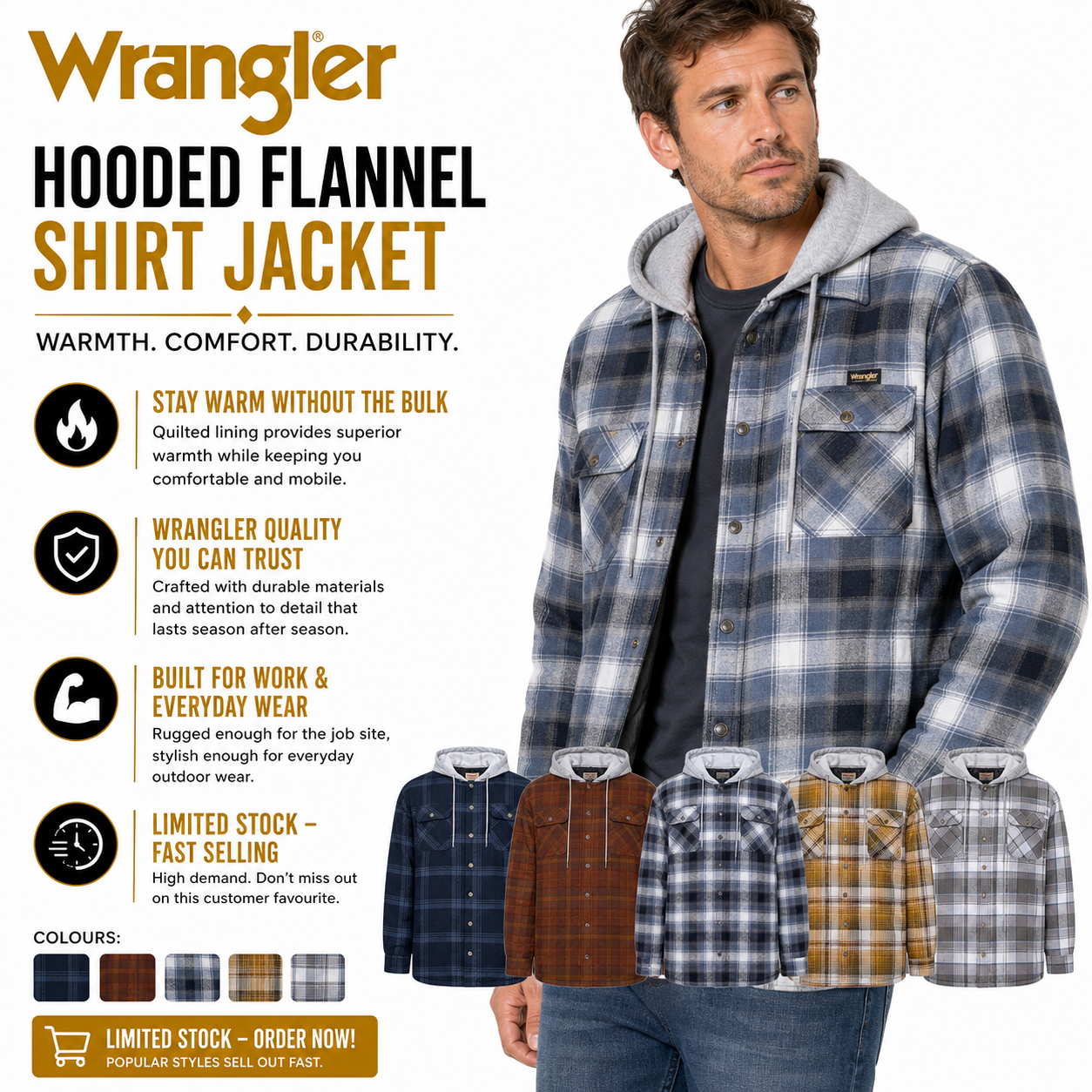 Wrangler Mens Hooded Padded Shirt Jacket Warm Workwear Shacket Coat - QHA UK
