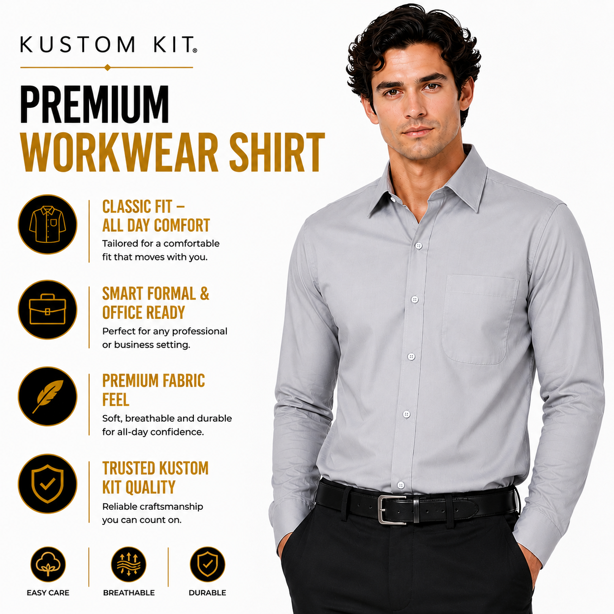 Kustom Kit Mens Poplin Shirt Long Sleeve Formal Work Office Classic Fit - QHA UK