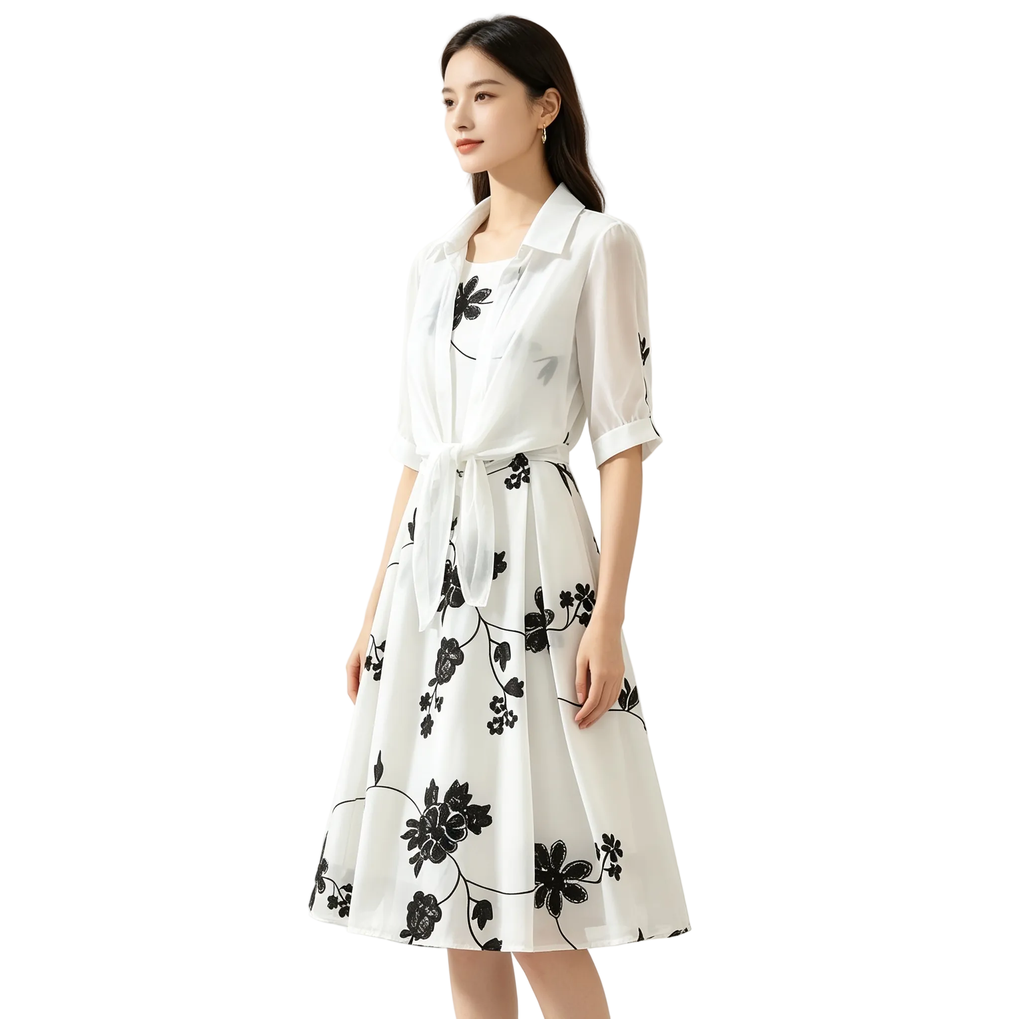 Woman wearing a white dress with black floral patterns on a plain background