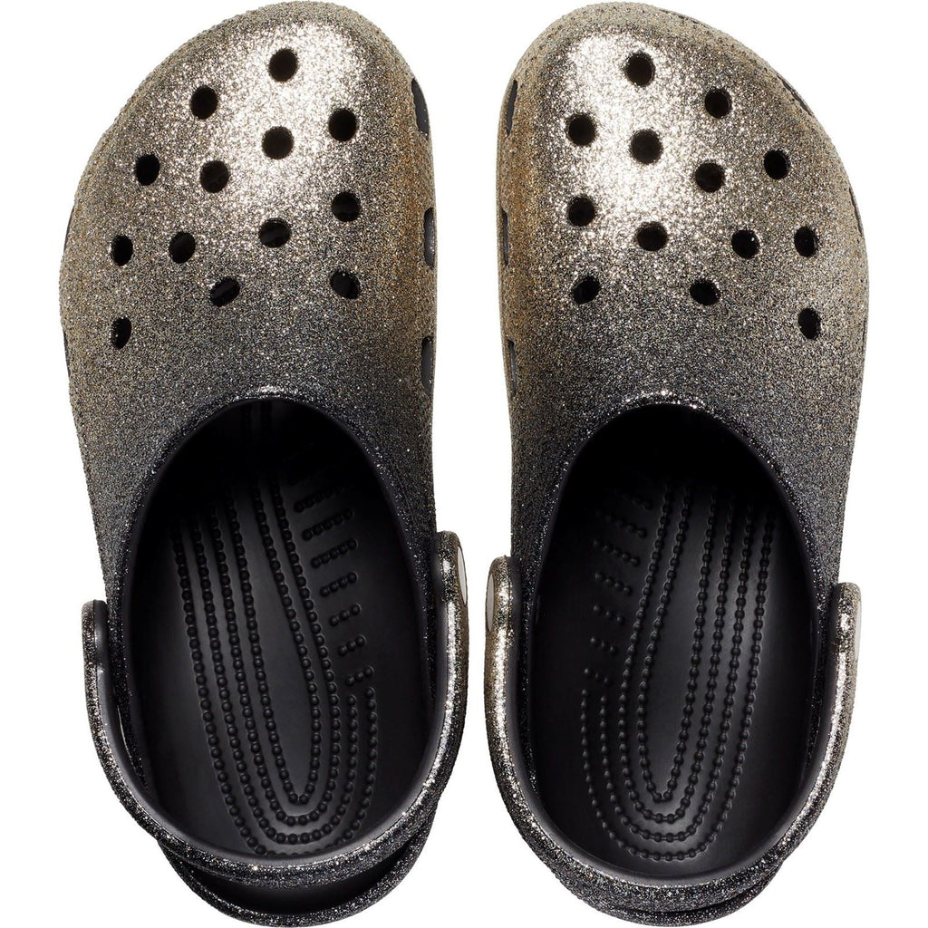 Crocs Women's Classic Glitter Clog in Black/Gold in 3 to 8