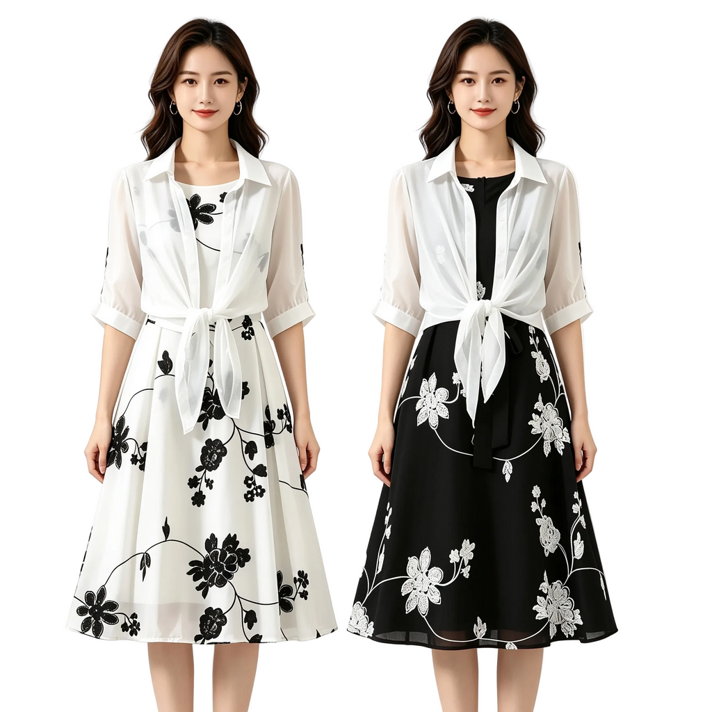 Two outfits featuring a white blouse with black floral patterns on a white background.
