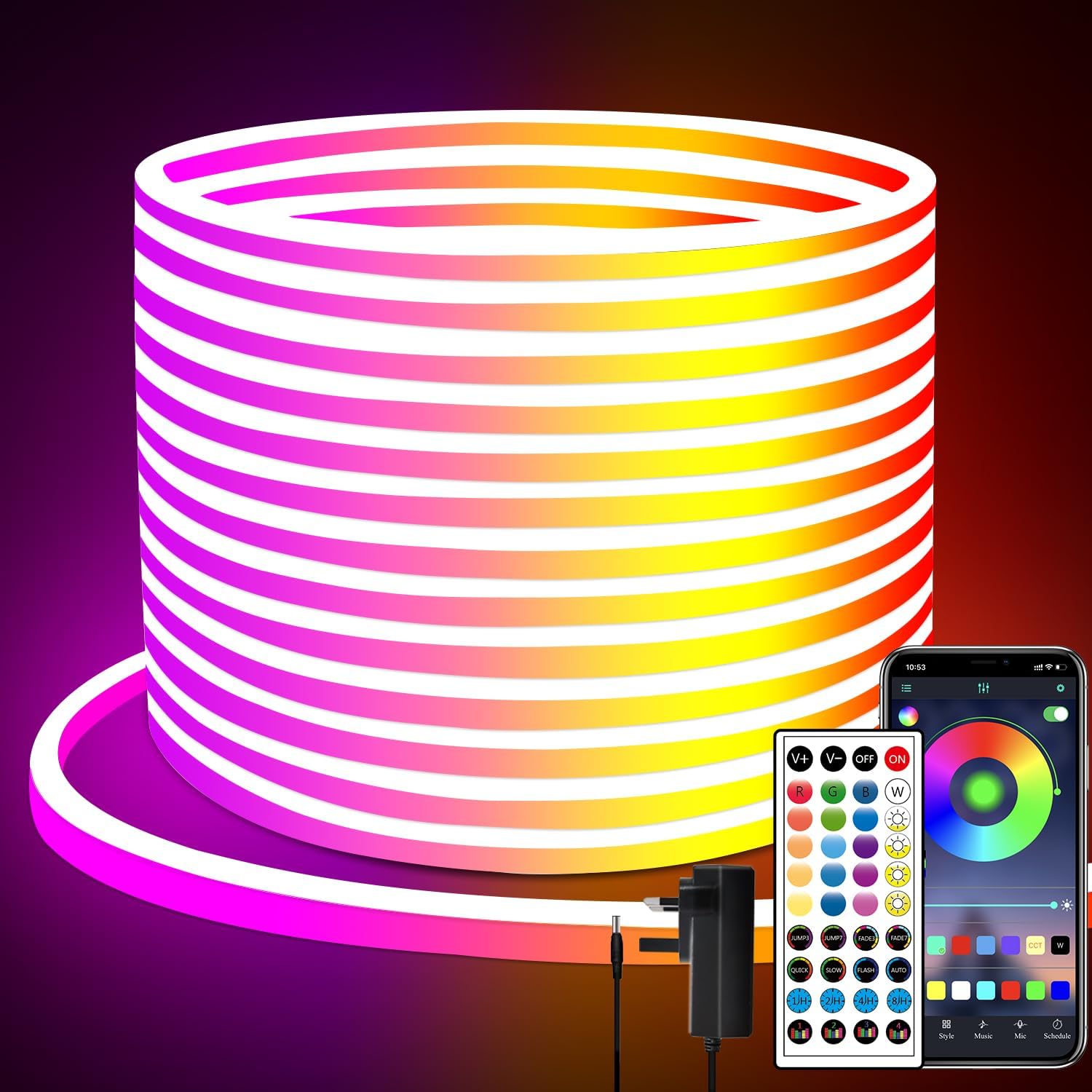 LED Neon Strip Lights 20M RGB Waterproof Flexible Rope Light with APP segrass