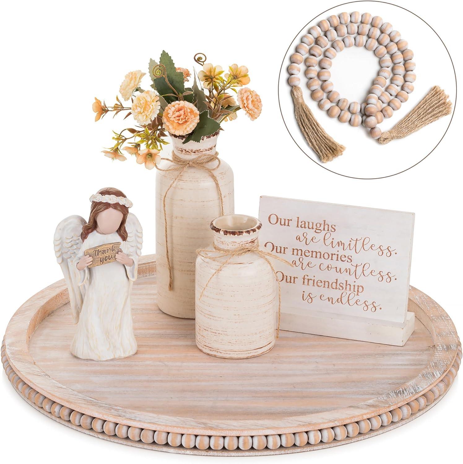 Round Decorative Wooden Tray 18 Inch Beaded Table Centerpiece HANOBE