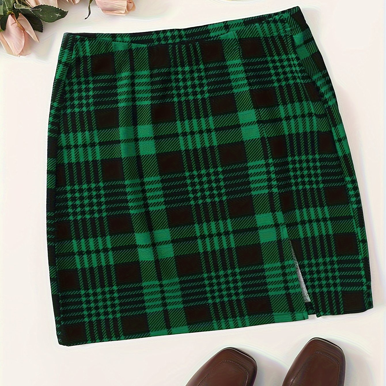 Plaid Print Split Skirt, Elegant Elastic Waist Slim Skirt For Summer, Women's Clothing