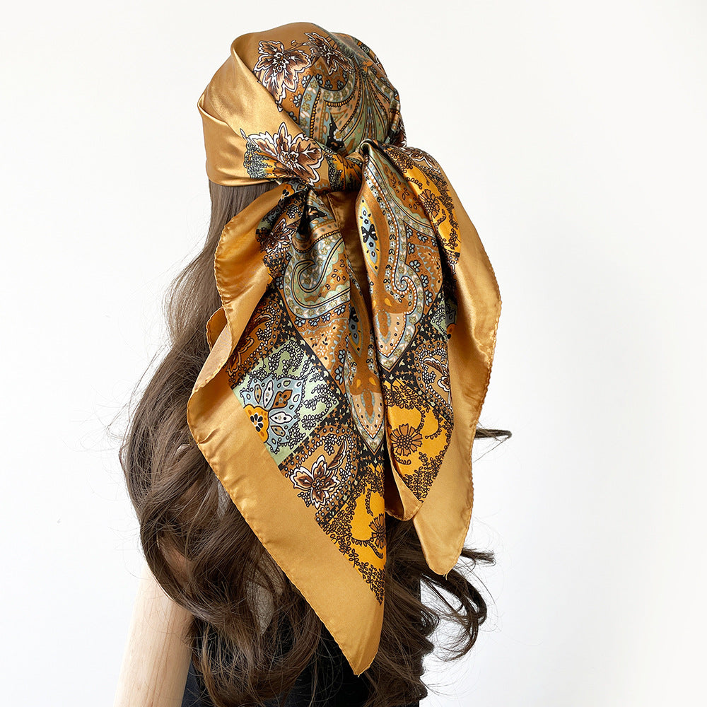 Classic Cashew-patterned Silk Satin Scarf, Printed Headscarf for Women, 90/90cm Square Scarf