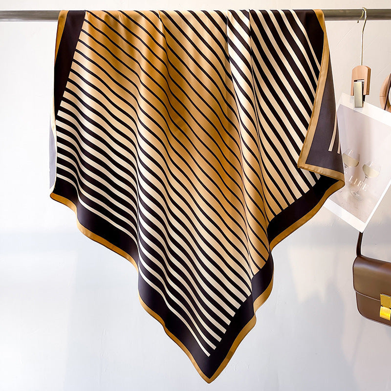 Women's Premium Twill Silk Scarf, Large Printed 90/90cm Striped Square Scarf