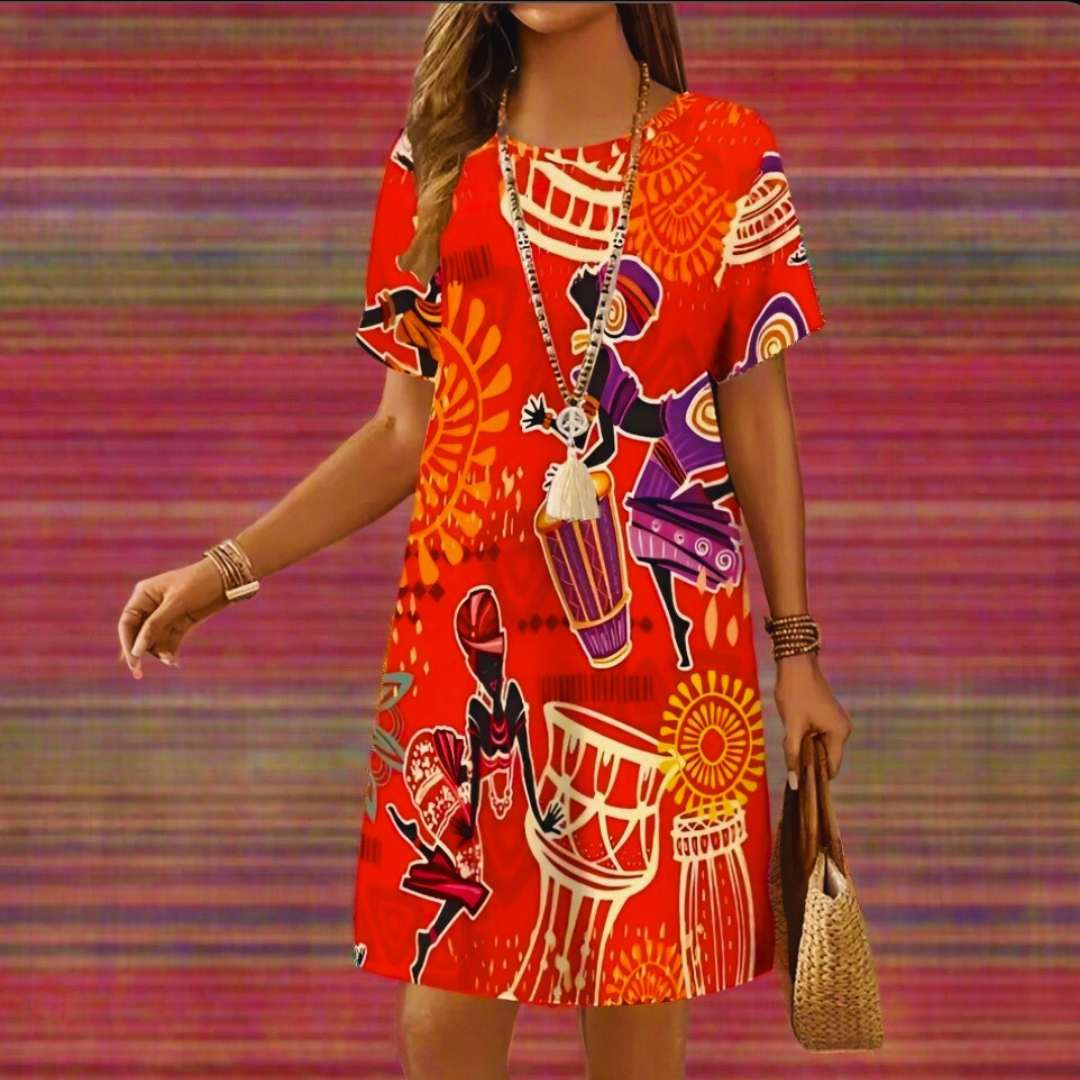 Plus Size African Print Mini Dresses – Colourful Ethnic O-Neck Summer Dresses for Women