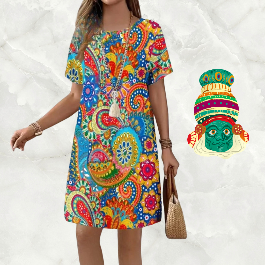 Boho 3D Flower & Feather Print Dress – Women's Loose Fit Summer Mini Dress with Short Sleeves