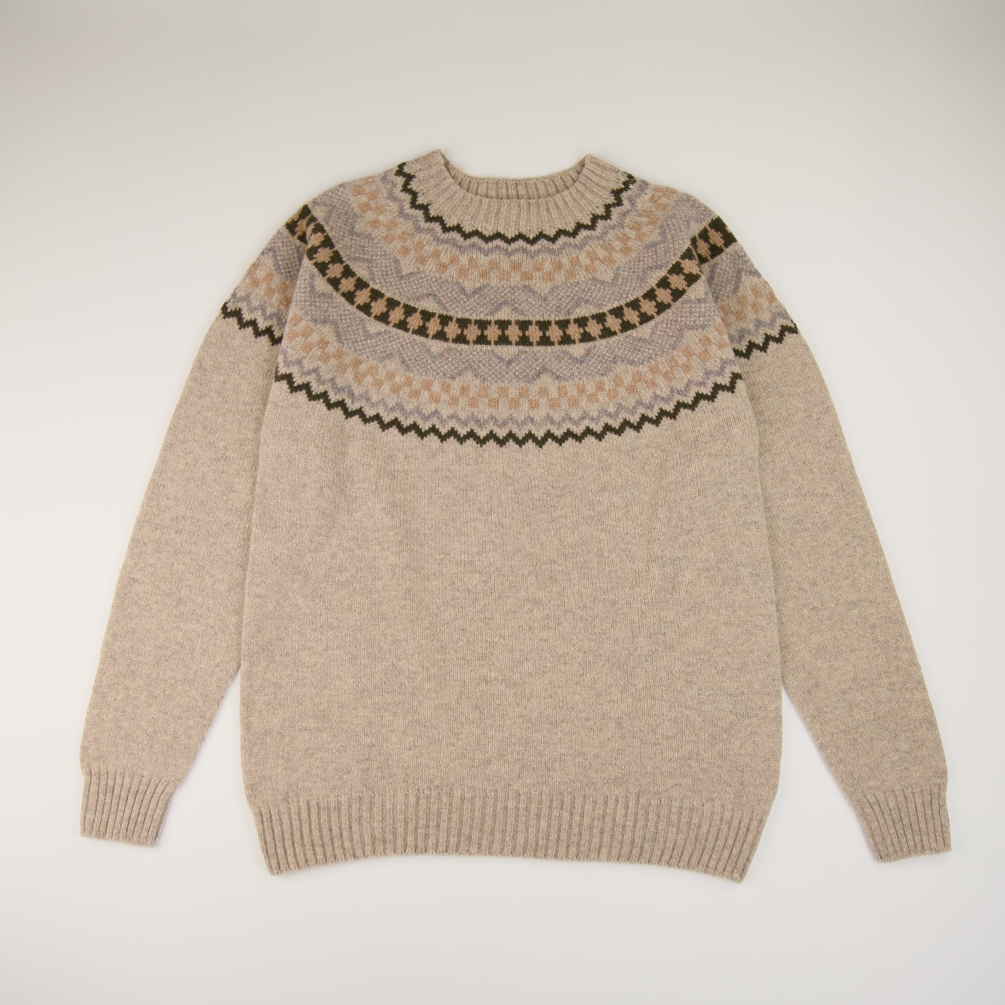 Soho Jumper – 100% Geelong Lambswool Fair Isle | Seamless Yoke Knit | Made in the UK - Biscuit