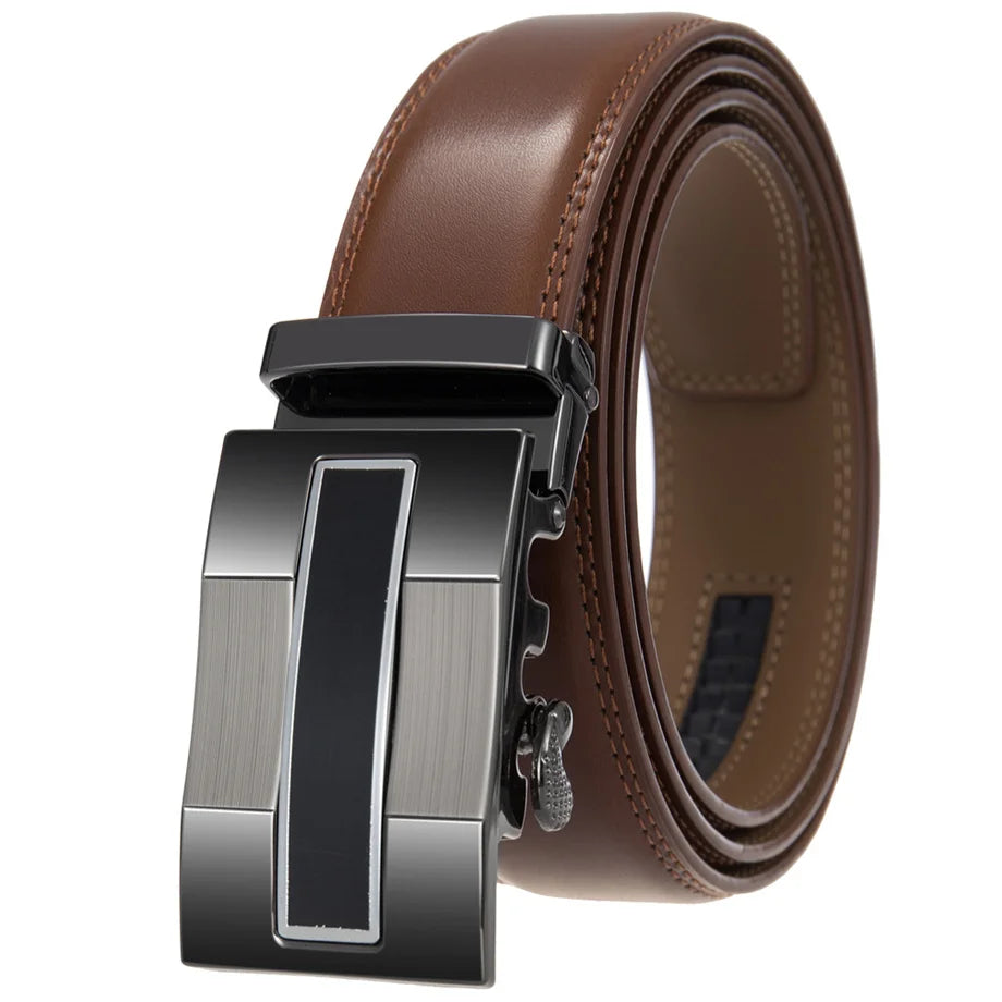 QHA Mens 35mm Ratchet Leather Belt, Gunmetal Vertical Inlay Automatic Buckle Q68