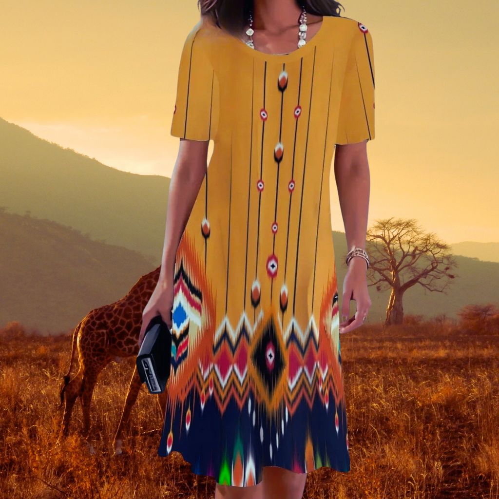 Boho 3D Flower & Feather Print Dress – Women's Loose Fit Summer Mini Dress with Short Sleeves