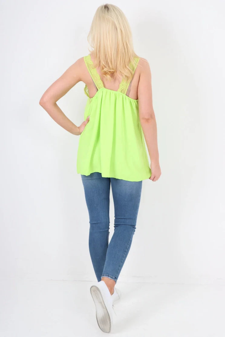 Italian V Neck Lace Detail Vest Top | One Size Fits 8–18 UK