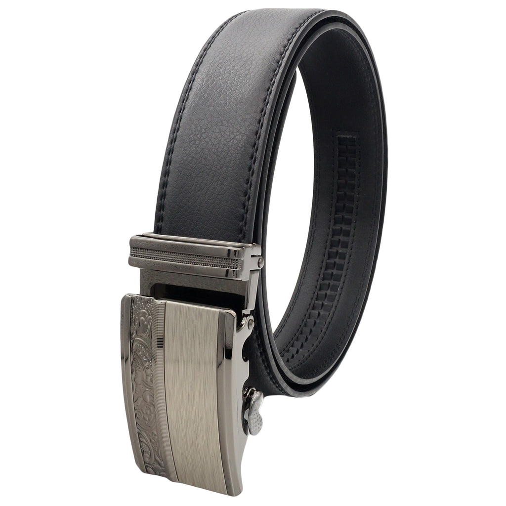 QHA Mens 35mm Ratchet Leather Belt, Gunmetal Carbon Fiber Buckle Q5088