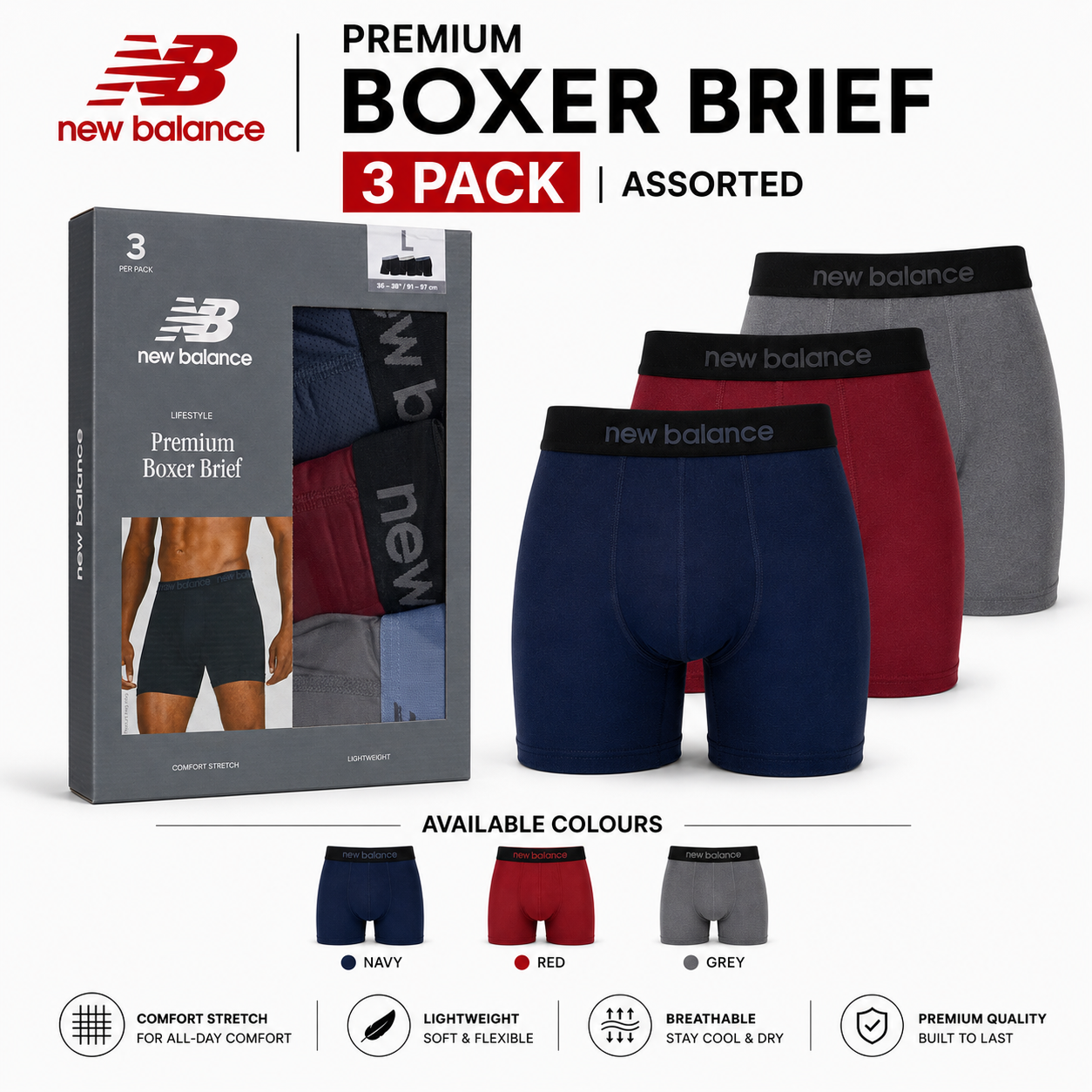 New Balance Mens Premium Stretch Boxer Briefs Trunks Underwear S-XL 3-12 Pack - QHA UK