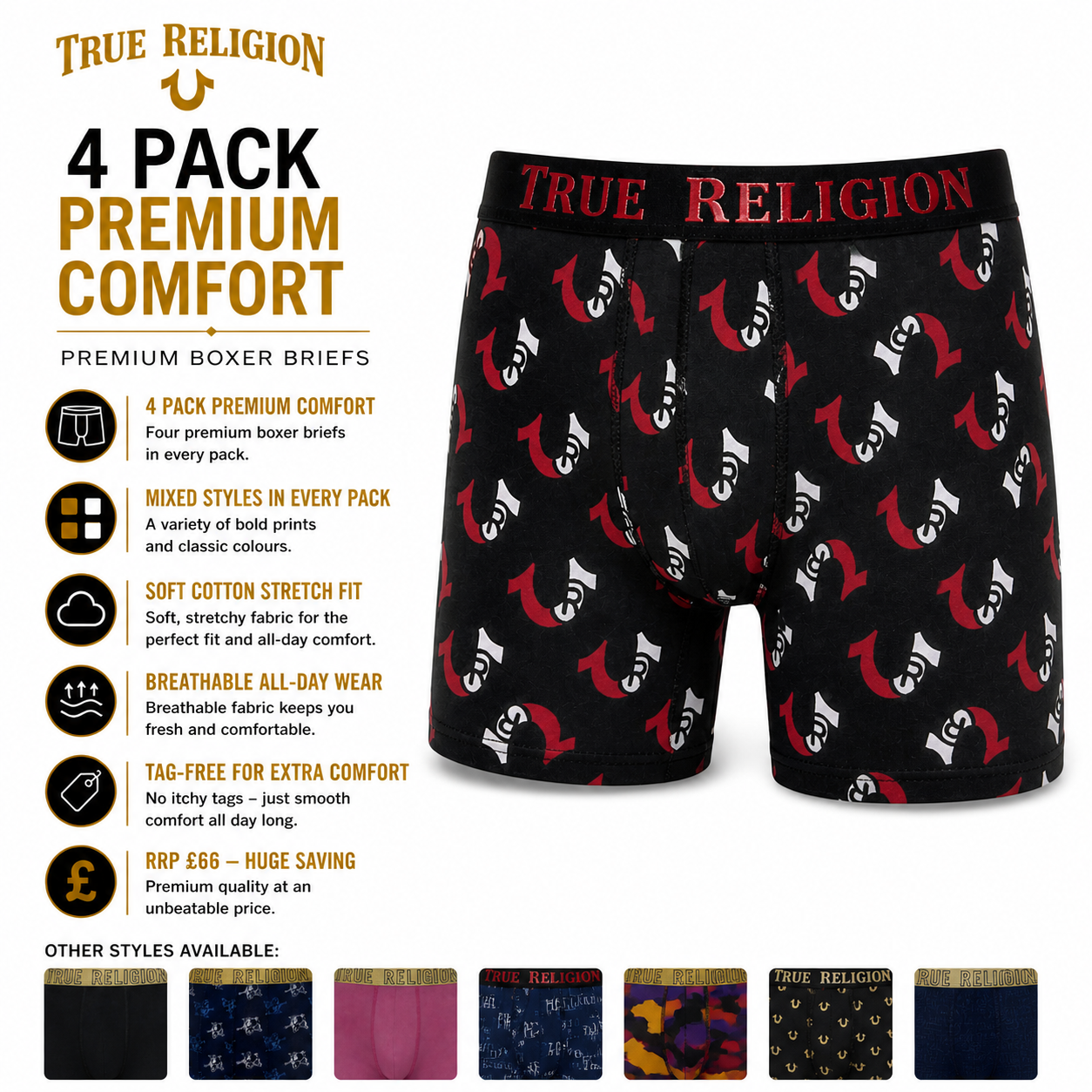 True Religion Mens Boxer Briefs 4 Pack Cotton Stretch Trunks Multipack - QHA UK
