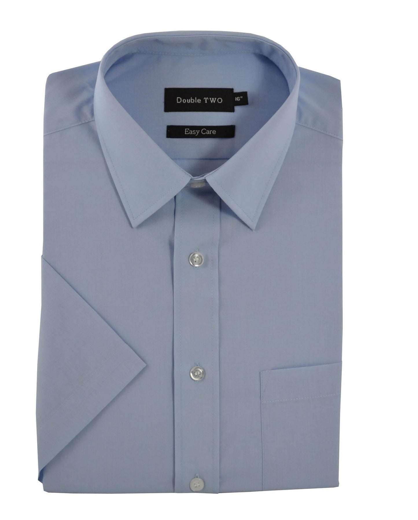 Folded light blue dress shirt with short sleeves on a white background