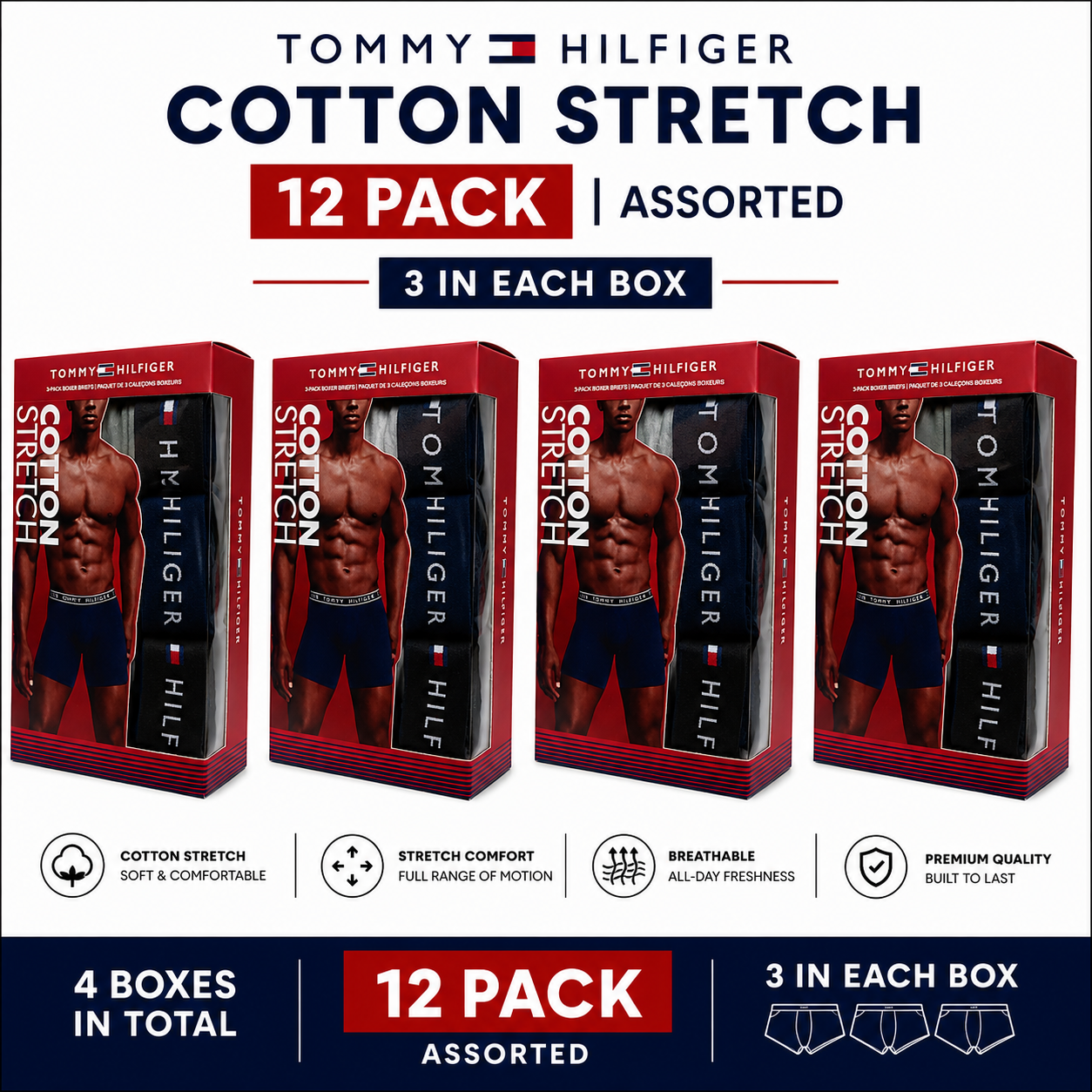 Tommy Hilfiger Mens Cotton Stretch Boxer Briefs Trunks Underwear S-XL 3-12 Pack - QHA UK