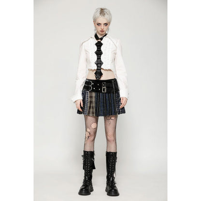 Dark in Love Sage Tartan Patchwork Leather-Waist Pleated Mini Skirt - Size UK 16 Left Only!